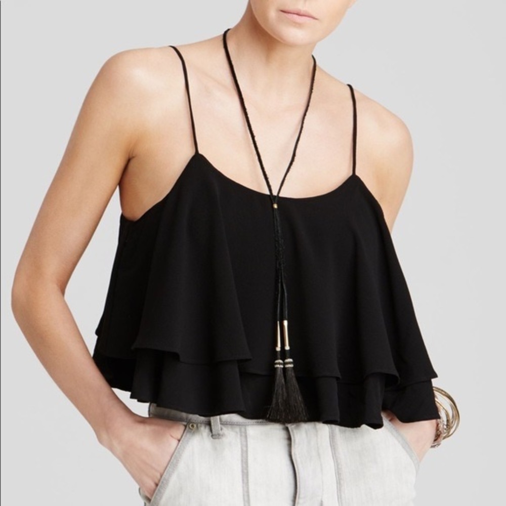 Free People Tropical Wave tie Back Ruffle Layered Crop Top Black - Picture 3 of 3